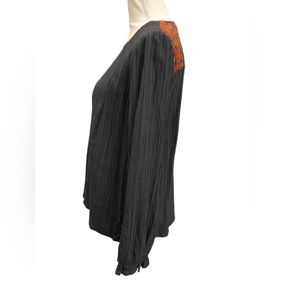 THML Embroidered Boho Blouse Medium Black Rust Leopard Back Long Sleeve Top - Picture 7 of 10